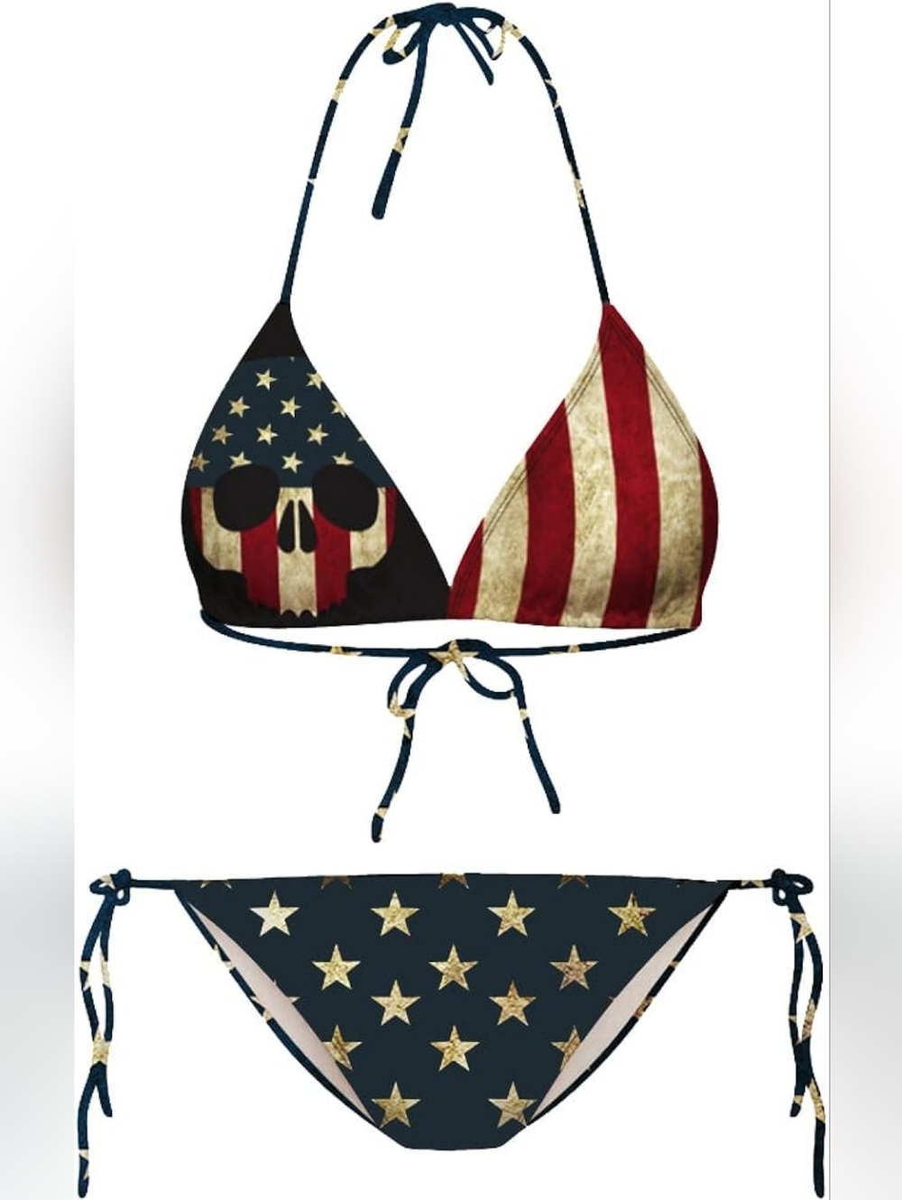 American Flag Skull Print Triangle Bikini - Navy & Red Size L NWT